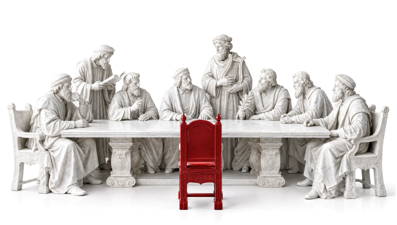 Marble figures of Renaissance scholars gathered around a long table, with one red chair left empty
